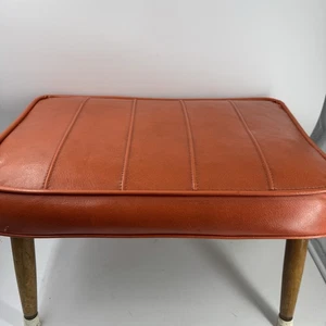 Vintage MCM ORANGE Vinyl Ottoman Foot Stool Tapered Peg Wooden Legs READ - Picture 1 of 20