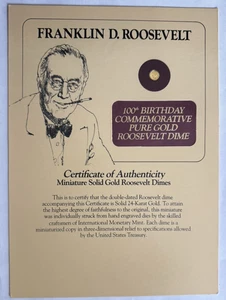 Miniature Solid 24k Gold Roosevelt Dime 100th Birthday Commemorative F.D.R - Picture 1 of 3
