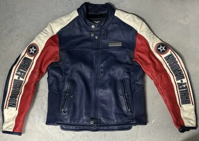 Hombres Rojo Blanco Azul EE. UU. Harley Davidson Rapid City Chaqueta de Cuero Mediana Foto 1 de 4
