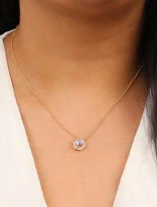 14K Gold VS/F-G Diamond And Rainbow Moonstone Hexagon Pendant Necklace - Picture 1 of 6