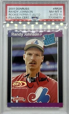 RANDY JOHNSON 2001 Donruss 20th Anniversary Auto Rookie RC Reprint #68/99. PSA 8 - Image 1 of 2