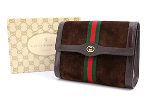 Gucci Vintage Bag Suede Leather Sherry Clutch Handbag Brown Small Box Authentic - Picture 1 of 23