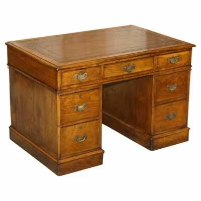 STUNNING RESTORED CIRCA 1800 GEORGIAN OAK & BROWN LEATHER PARTNERS PEDESTAL DESK — 第 1/4 张图片