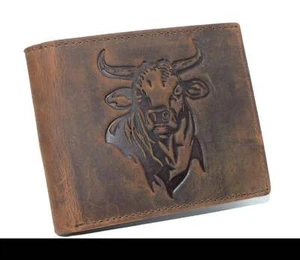 Hunter Brown RFID Blocking Leather Bifold Wallet Flip Up Patriotic Rodeo Bull - Picture 1 of 6