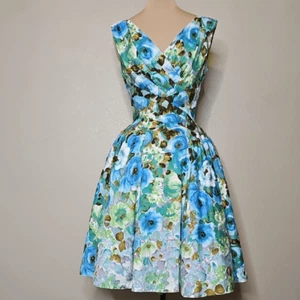 True Vintage Alix Of Miami 1950s Fit And Flare Floral Dress Blue, Green Cupcake - Picture 1 of 16