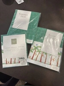 Garnet Hill 3 Pc Monkey Palm Trees Sheet Twin Size Fitted Flat Case Set Plaid - Picture 1 of 9