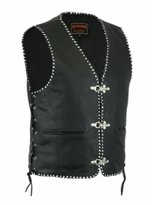 Men Real Leather Black Fish Hook Buckle Side Lace Motorcycle Vest - Waistcoat - Picture 1 of 5