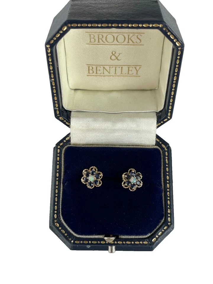 Sapphire & Opal Earrings 9ct Gold Flower Cluster Stud Vintage Earrings - Image 1 of 4
