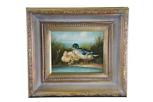 Vintage Duck & Ducklings Pond Landscape Oil Painting Canvas Framed 18" - Picture 1 of 12
