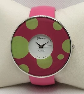 Ladies Geneva Platinum Round Silver Tone Pink Green Cuff Bracelet Watch F9 - Picture 1 of 8