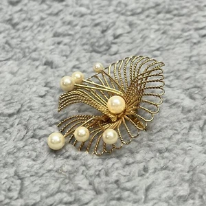 Swirl Brooch Vintage Pin Gold Tone & Pearl Large Abstract Design 2.25” - Picture 1 of 4