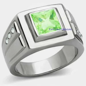 Natural Peridot & CZ Gemstones with 925 Sterling Silver Ring For Men's #4333 - Picture 1 of 4