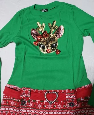 Niñas Rosa y Violeta Navidad Rodolph Vestido Rojo Verde Lentejuelas Vacaciones XL 14/16 Foto 1 de 2