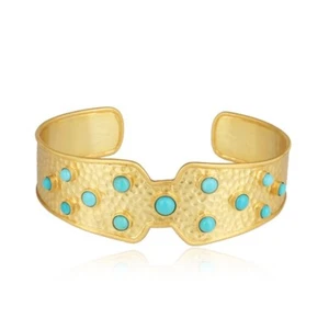 Hammered Bold Textured Gold Cuff Bangle With Turquoise Gemstone Jewelry Wedding - Picture 1 of 5