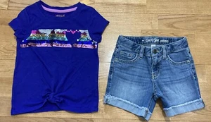 Conjunto Cat & Jack para niñas talla 4-5 - Top de lentejuelas con corazón con pantalones cortos vaqueros usados en excelente estado - Imagen 1 de 7