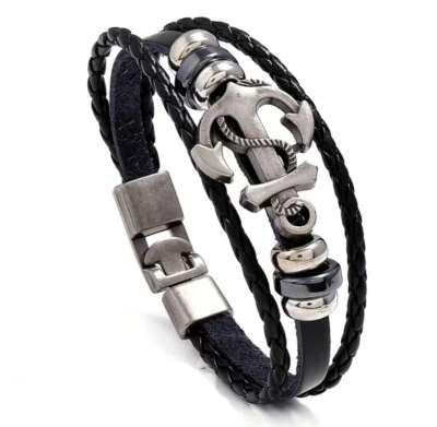 Bracciale Uomo con Ancora e cordoncino cuoio  - Idea regalo - Immagine 1 di 2