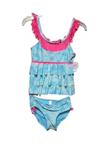 JUSTICE Girls Size 15 Tankini 2 Piece Swimsuit Hot Pink Fringe Tie-Dye Aqua Swim - Picture 1 of 3