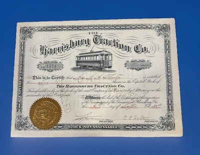 Harrisburg Traction Co Stock 1899 + 2 estampillas Harrisburg Pennsylvania RR Historia Foto 1 de 4
