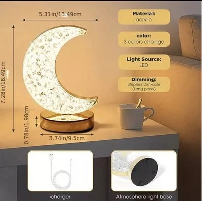 Table Lamp Crystal Night Light Moon Shape USB Rechargeable Bedside Lamp Decor+