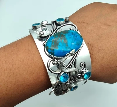 Brazalete ajustable de plata de ley 925 con piedras preciosas turquesa azul Foto 1 de 4