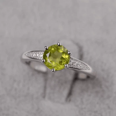 925 Sterling Silver Solitaire Peridot Ring Natural Gemstone Round Cut Women Ring - Image 1 of 4