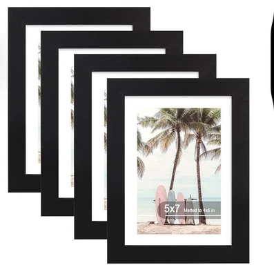 Marco de fotos 5x7 (paquete de 4, negro) hecho de vidrio real y marco de madera - pantalla  Foto 1 de 2