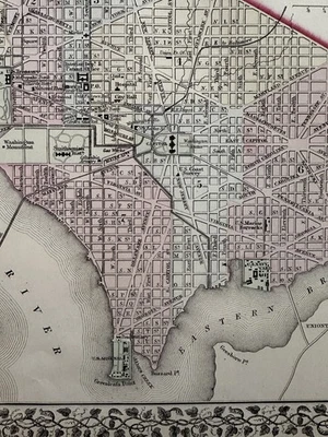 Washington D.C. City Plan 1874 Mitchell coloreado a mano bonito mapa Foto 1 de 4
