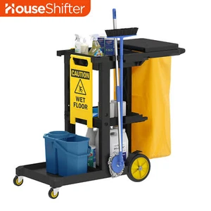 3 Shelf Cleaning Janitorial Service Cart Sturdy Black with 550 Lbs PVC Bag Unit - Picture 1 of 11