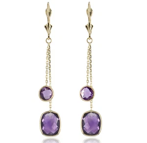 14K Yellow Gold Earrings With Purple Amethyst Gemstones Dangle - Picture 1 of 3