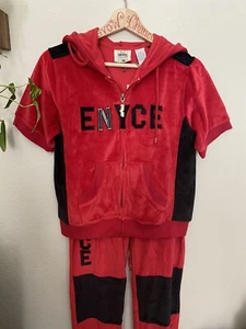 LADY ENYCE Black Red Velour Y2k 2000s Track Suit Set M L Jacket & Pants Hoodie - Picture 1 of 11