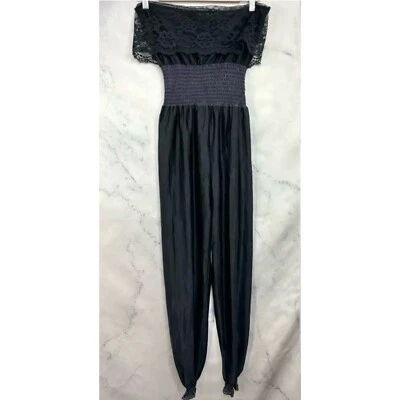 Vintage 80s Playsuit Jumpsuit M Black Whimsigoth Strapless smocked Goth Grunge - Image 1 of 4