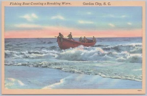 Fishing Boat Cresting Wave Garden City South Carolina Linen Postcard - Picture 1 of 2