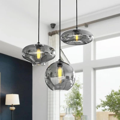 Modern 3 Lights Glass Pendant Light Smoky Gray Glass Globe Cluster Chandelier Li - Image 1 of 4