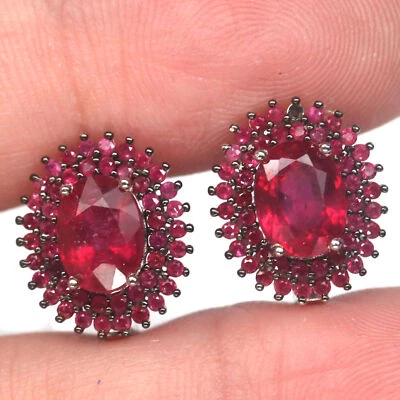 Heizbar Edelstein 6 x 8 Rot Rubin Ohrringe 925 Sterlingsilber Weiß Vergoldet - Bild 1 von 4