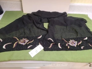 Black Chiffon Evening Scarf Shawl Hand Embroidered Ends and Hand Beaded Edges - Picture 1 of 7