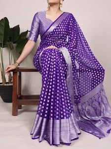 "Party Wear Nylon Georgette Saree with Blouse Piece" - Picture 1 of 13