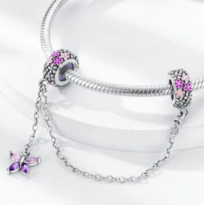 Dije espaciador de cadena de seguridad mariposa flor pinl de cristal plata de ley 925 - Imagen 1 de 6