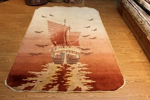 5'x7' Vintage Chinese Oriental Rug Pictorial Beige & Brown Handmade Ship & birds - Picture 1 of 12