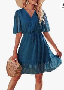 2023 Women's Dress Casual Short Sleeve VNeck Ruffle Swiss Dot Lake Blue Large - Picture 1 of 4