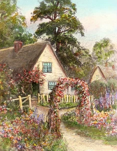 ANTIKER & seltener um 1900 handkolorierter Druck HÜTTE IN BLÜTE, wunderschön! - Bild 1 von 1