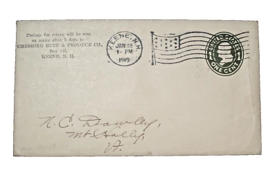 US SC U400 KEENE, N.H POSTAL COVER HISTORY 1919 - Image 1 of 2