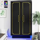 Modern 70" Tall LED White/Black Wood Armoires Wardrobe Closet, Clothes Cabinet