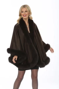 Womens Fur Trimmed Cashmere Shawl with Fox Fur Trim Dark Brown - Your Lady - Picture 1 of 4