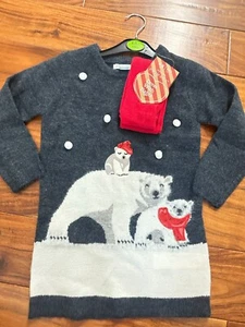 NEW girls 2 PC SET  CHRISTMAS WINTER HOLIDAY DRESS bear SWEATER tunic TIGHTS 5-6 - Picture 1 of 4