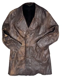 Vintage Leather Jacket Size L Great Coat Motor Racing Military Fur Lined Larp - Picture 1 of 24