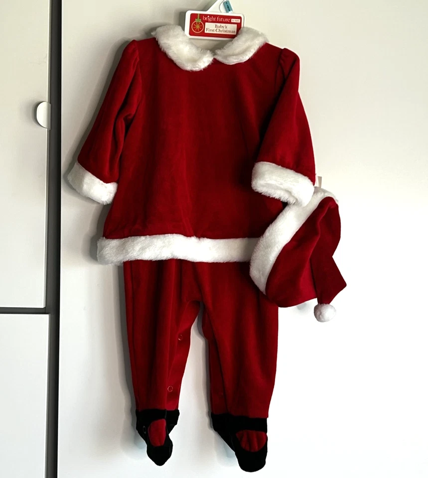 Bebé Niñas Rojo Terciopelo Terciopelo Papá Noel Traje 6-9 Meses Primera Navidad Una Pieza Nuevo Con Etiquetas Foto 1 de 4