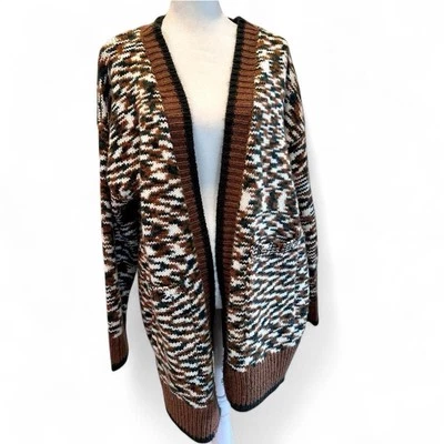 Cárdigan largo suéter Skies Are azul marrón y verde frente abierto talla grande Foto 1 de 4