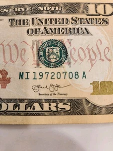 Birthday Note 10$  Bill July, 08 1972. (MI 19720708 A).  - Picture 1 of 5