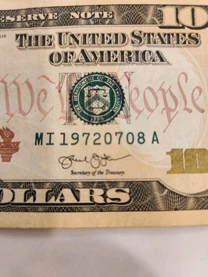 Birthday Note 10$  Bill July, 08 1972. (MI 19720708 A).  - Image 1 of 4