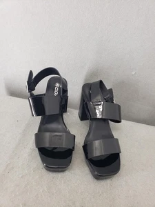 Soda Women Sandals 7.5 Black Patent Block Heel Strap Open Toe Platform Shoes - Picture 1 of 19